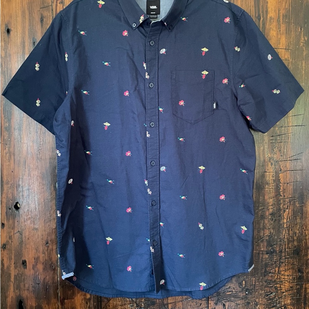 VANS Coastal Beach Tiki Button Down Casual Blue Shirt Men’s M